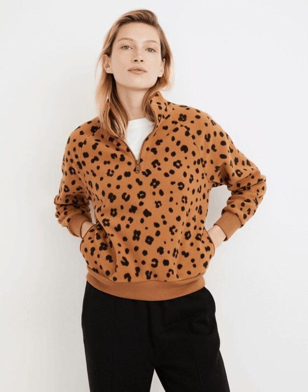 Madewell MWL Dried Cedar Cheetah Betterfleece Half-Zip Sweatshirt Womens Size XS